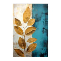 999Store Gold Toned & Beige Leaf Printed Canvas Wall Art image 3