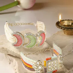 Zaveri Pearls Set of 2 Multicolor Beaded Austrian Diamonds Dazzling Crescent Bracelet-ZPFK16852 image 1