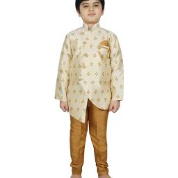 SG Yuvraj Kids Cream & Yellow Printed Full Sleeves Sherwani Set-picture-5