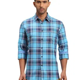 Parx Blue Cotton Slim Fit Checks Shirts-picture-36