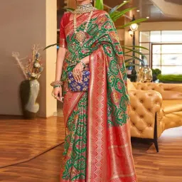 SHUBHKALA Green Silk Woven Saree With Unstitched Blouse image 1