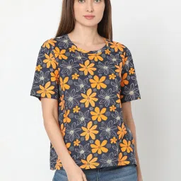 Vero Moda Blue & Yellow Cotton Floral Print T-Shirt image 1