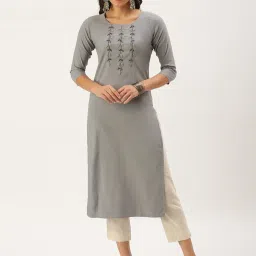 showoffff SHOWOFF Grey Cotton Embellished Calf Length Straight Kurta image 4