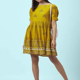People by Pantaloons Mustard Printed A-Line Dress image 4