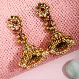 Priyaasi Red Kundan Beads Gold-Plated Floral Jhumki Earrings image 1