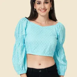 YU by Pantaloons Aqua Blue Cotton Self Pattern Crop Top image 3