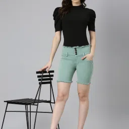 showoffff SHOWOFF Sea Green Denim Slim Fit Shorts image 4