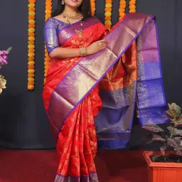 SHUBHKALA Red & Blue Silk Woven Saree With Unstitched Blouse image 1