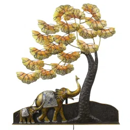 ecraftindia Elephant Family Under Golden Leaves Tree Handcrafted Iron Wall Hanging with background LED's image 3