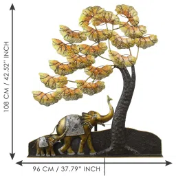 ecraftindia Elephant Family Under Golden Leaves Tree Handcrafted Iron Wall Hanging with background LED's image 4