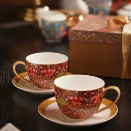 Pure Home and Living Maroon Bone China Tea Cups & Saucer (270ml) - Set of 2 image 1