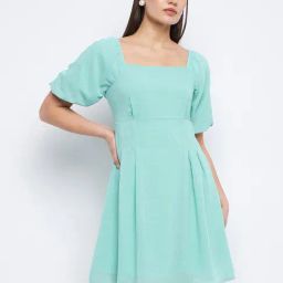 MADAME Sea Green Checks A Line Dress-picture-17