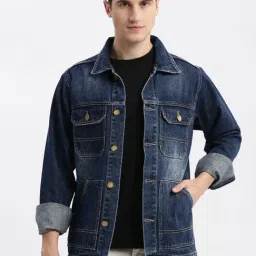 SHOWOFF Navy Blue Denim Slim Fit Solid Jacket-image-32