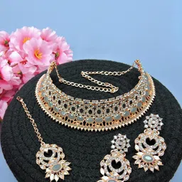 VATSALYA creation Rose Gold-Plated Artificial Stone Studded Jewellery Set-picture-12
