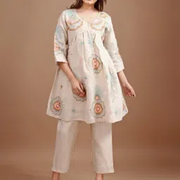Tikhi Imli Beige Linen Multi Thread Embroidery Flared Kurta with Pant-image-0