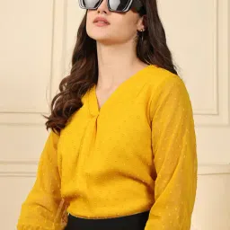 NEUDIS Yellow Chiffon Self Design Regular Fit Top image 3