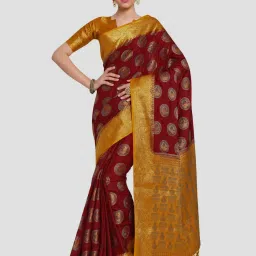 Mimosa Maroon & Yellow Woven Kanchipuram Saree With Unstitched Blouse image 1