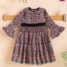 Bella Moda Girls Red Cotton Three Fourth Bell Sleeves Floral Printed Dress-picture-44