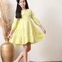 Sangria Girls Striped Printed Pure Cotton Three Quarter Puff Sleeve Fit & Flare Dress-image-0