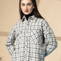 CHKOKKO Grey Wool Checks Full Sleeves Shacket-picture-26