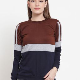 Belle Fille Women Brown & Navy Blue Colourblocked Sweatshirt-picture-27