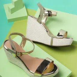 Iconics Women's Gold Ankle Strap Wedges-picture-12