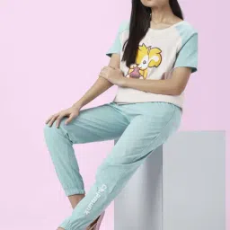 Dreamz by Pantaloons White Sage Green Cotton Graphic Print Top Pyjama Set image 4