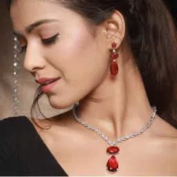 Saraf RS Jewellery Rhodium Red Ruby Luxe Designer Contemporary Pendant Jewellery Set-image-47