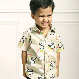Polka Tots Half Sleeves Seamless Baby Panda With Rainbow & Cloud Printed Shirt - Cream image 1