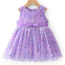 Babyhug Sleeveless All Over Foil Printed Party Frock with Bow - Lavender-picture-28