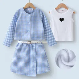 Kookie Kids Full Sleeves Checkered Top & Skirt With Heart Printed Vest - Light Blue-image-26