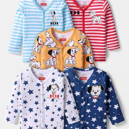 Babyhug Disney Cotton Knit Full Sleeves Front Open Jhablas With Stripes & 101 Dalmatians Graphics Pack of 5 - White Blue & Orange-picture-2