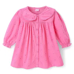 Babyhug Cotton Woven Full Sleeves Peter Pan Collar Frock with Floral Embroidery - Pink-picture-25