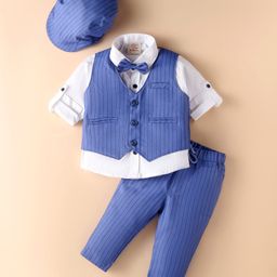 Rikidoos Full Sleeves Solid Shirt With Striped Waistcoat Pant Cap & Bow - Blue & White-picture-4
