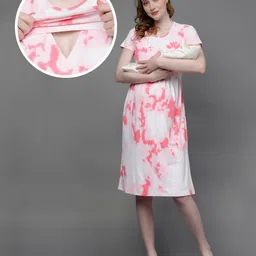 True Shape Half Sleeves Tie Dye Maternity Dress With Zipless Nursing Access - Baby Pink-picture-17