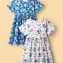 Honeyhap Premium Cotton Knit Half Sleeves Floral Printed Dresses With Bio Finish & Bow Applique Pack of 2 - Turkish Tile & Bright White-picture-38