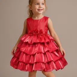 Babyhug Woven Sleeveless Party Dress With Floral Applique & Frill - Red-picture-25