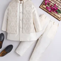Ahhaaaa Silk Blend Full Sleeves Solid Kurta Pant With Abstract Embroidered Jacket Set - Gold-picture-33