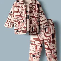 Mom's pet Fleece Knit Full Sleeves Abstract Printed Shacket & Pant With Inner Tee Set - Brown-picture-27