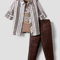 Rikidoos Full Sleeves Striped Shirt & Pant With Do The Right Thing Text Printed Tee - Fawn & Brown-picture-25