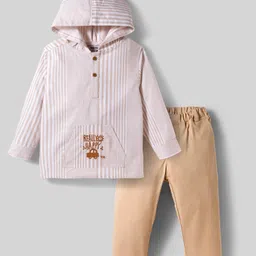 ToffyHouse Cotton Woven Full Sleeves Hooded T-Shirt and Joggers Set with Stripes & Text Embroidery & Kangaroo Pockets - Tan-image-0