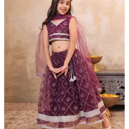 AJ Dezines Net Woven Sleeveless Floral Embroidered & Gota Lace Embellished Lehenga Choli With Dupatta Set - Wine-picture-25