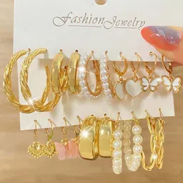 GOLDIWALA Set Of 5 Gold-Plated Pearls Beaded Contemporary Shape Hoop Earrings-picture-42