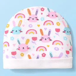 Babyhug 100% Cotton Knit Cap Mittens & Booties With Animal & Floral Print - White image 2