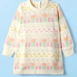 Babyhug Sweater Knit Full Sleeves Woolen Dress with Floral Design - White image 2