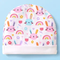 Babyhug 100% Cotton Knit Cap Mittens & Booties With Animal & Floral Print - White image 3