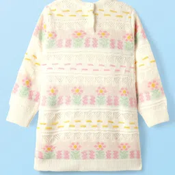 Babyhug Sweater Knit Full Sleeves Woolen Dress with Floral Design - White image 3