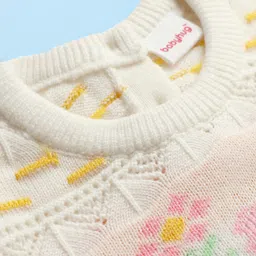 Babyhug Sweater Knit Full Sleeves Woolen Dress with Floral Design - White image 4