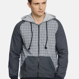 ARISE Men Navy Blue & White Checked Hooded Sweatshirt-picture-11