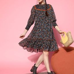 Antheaa Multicoloured Floral Print Chiffon A-Line Knee Length Dress-picture-41